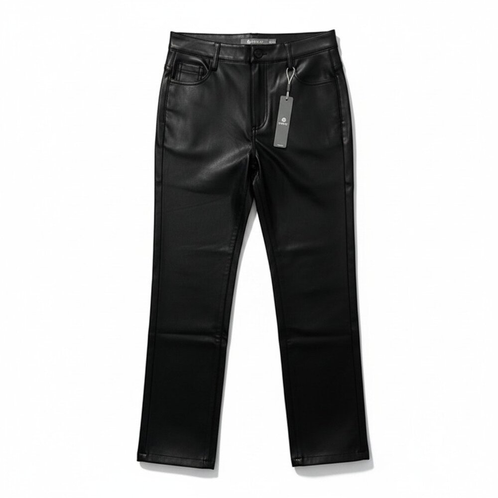 Tractr Women’s Vegan Leather Straight Leg High/Mid Rise Black Pants Size 00‎ NWT